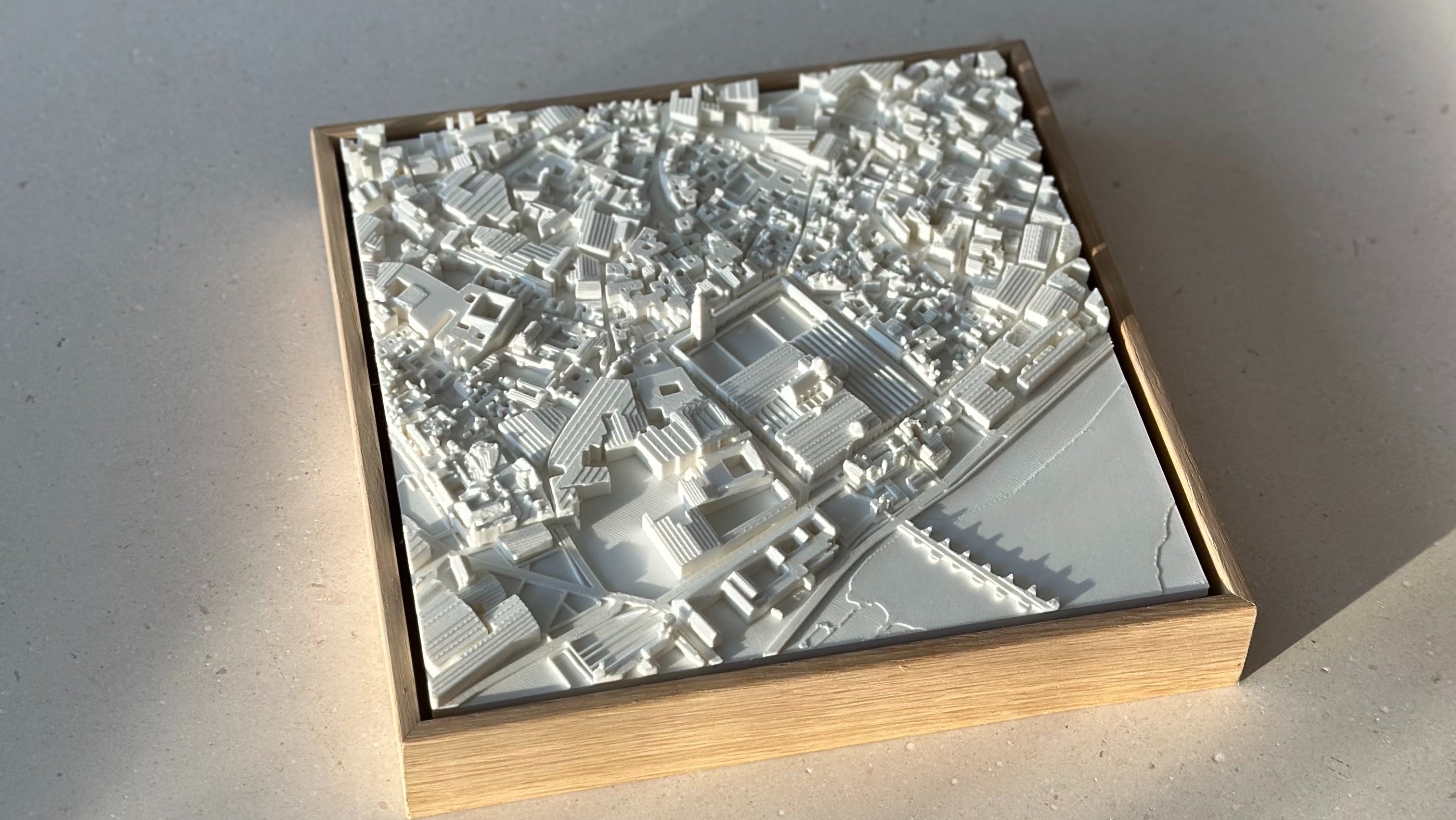 3D city map wall art in a wooden frame, detailed urban landscape model, decorative gift