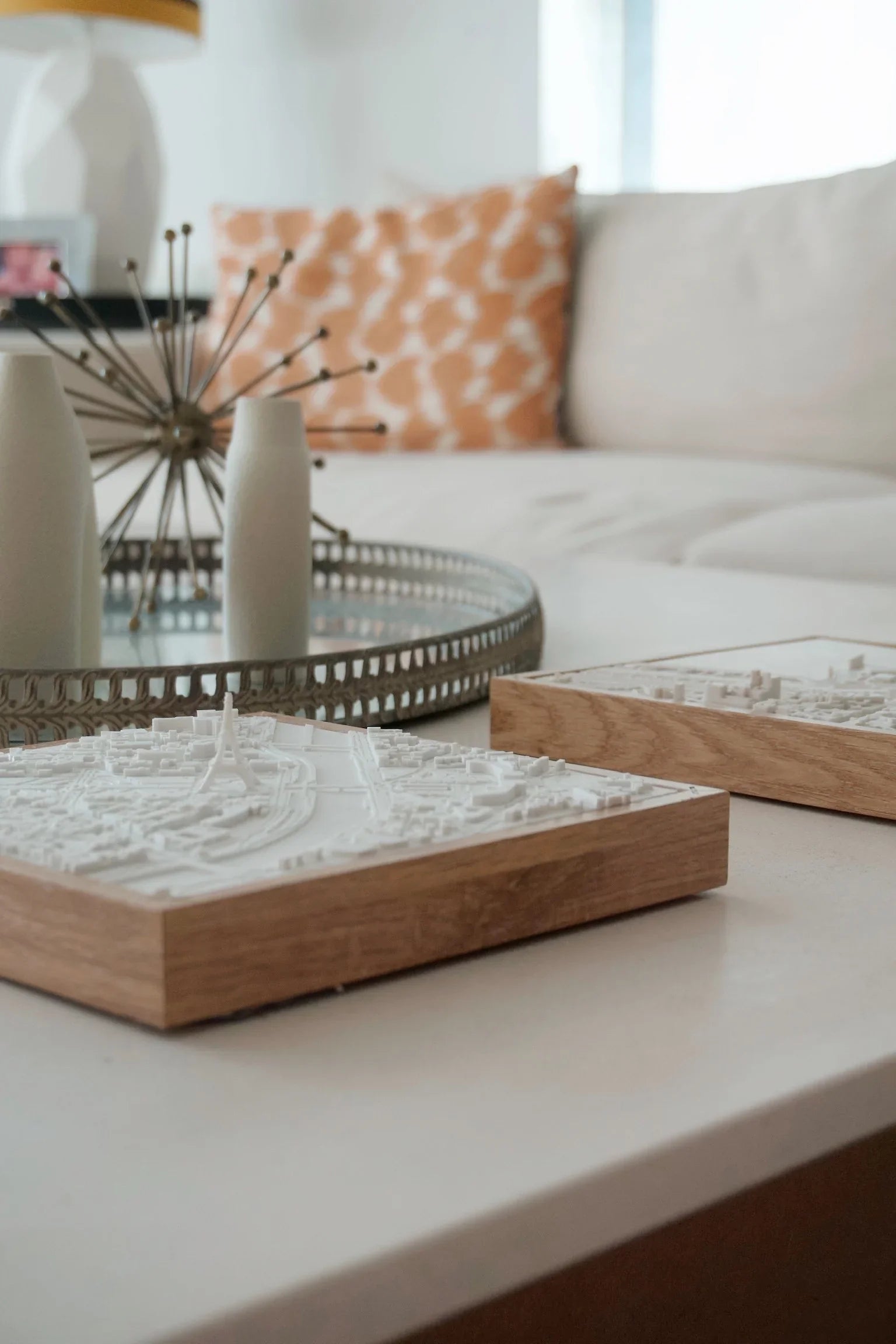 3D city map wall art with wooden frame on modern living room table, home decor accent