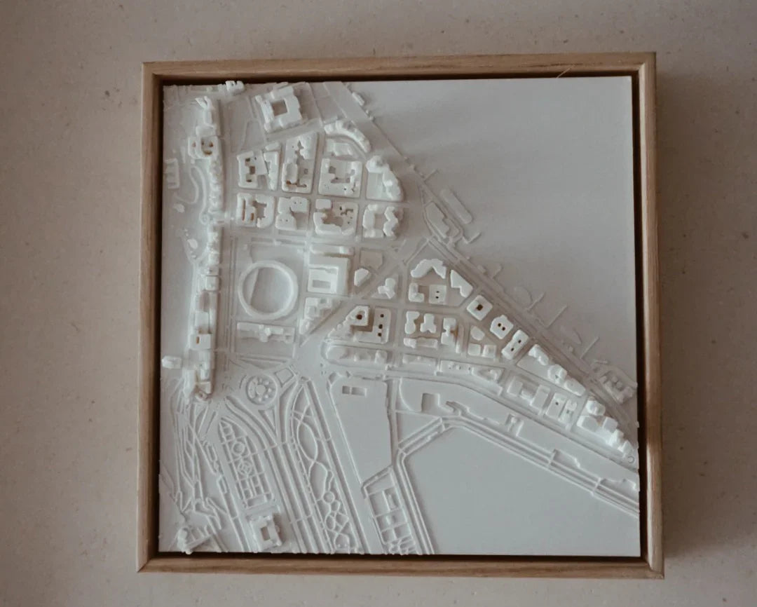 3D city map wall art in white frame, modern urban decor for home or office