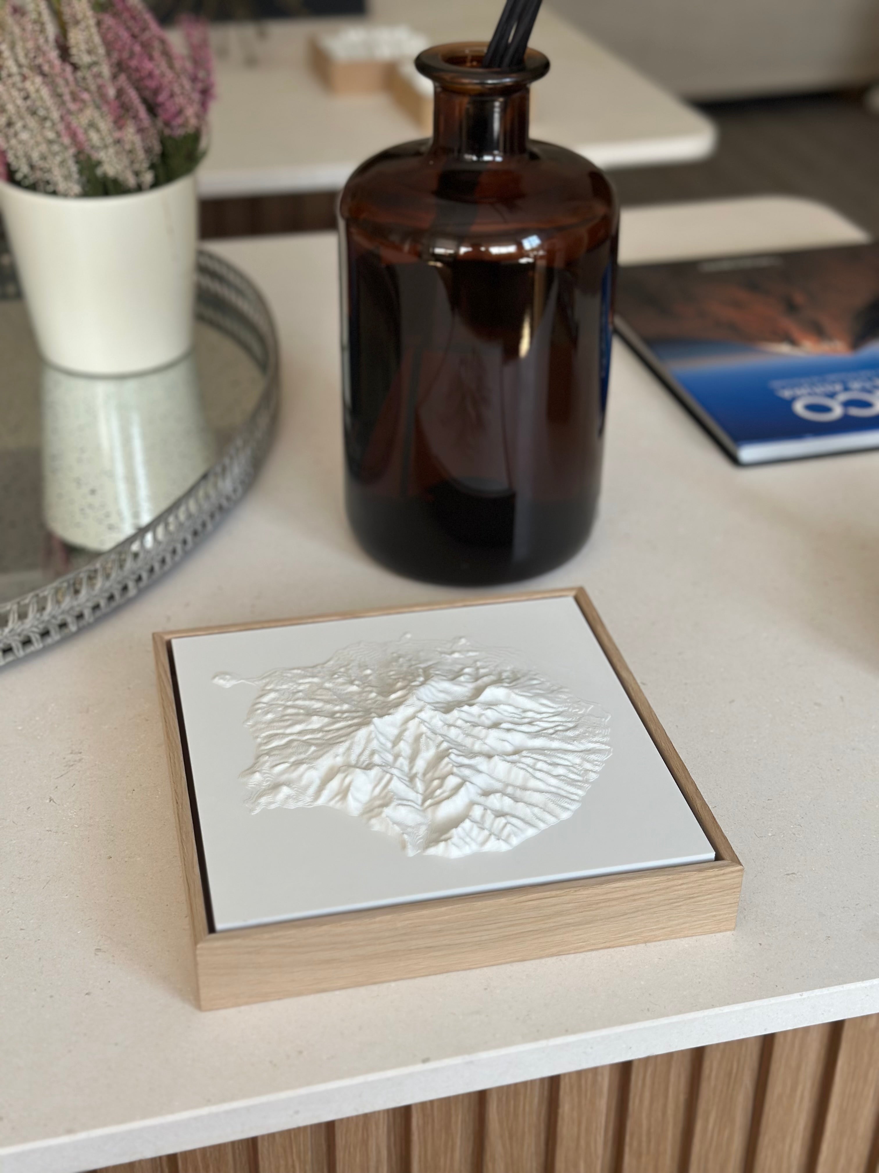 3D city map wall art in wooden frame on modern table, home decor accent