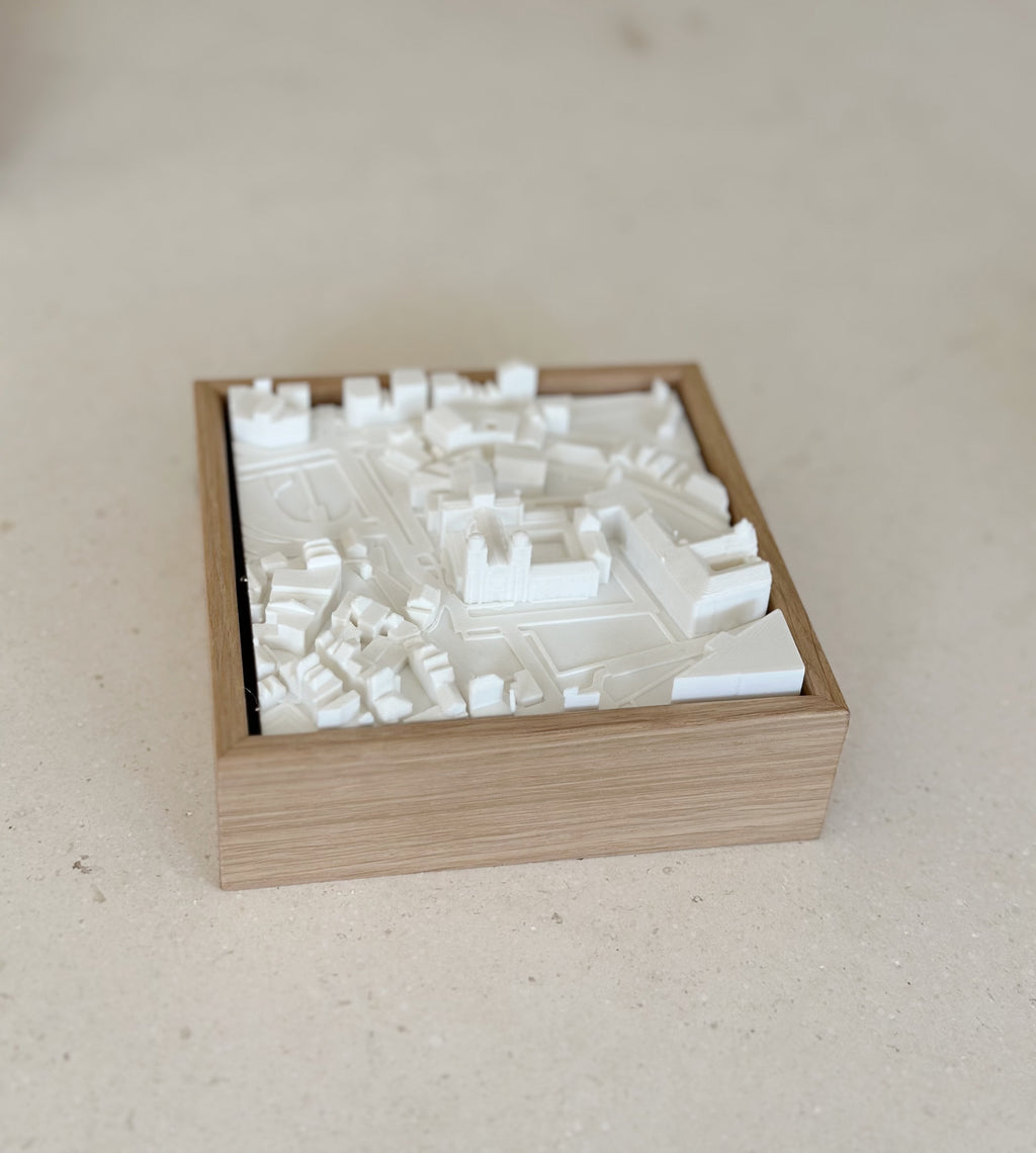 3D city map artwork in a wooden frame, minimalist urban decor model