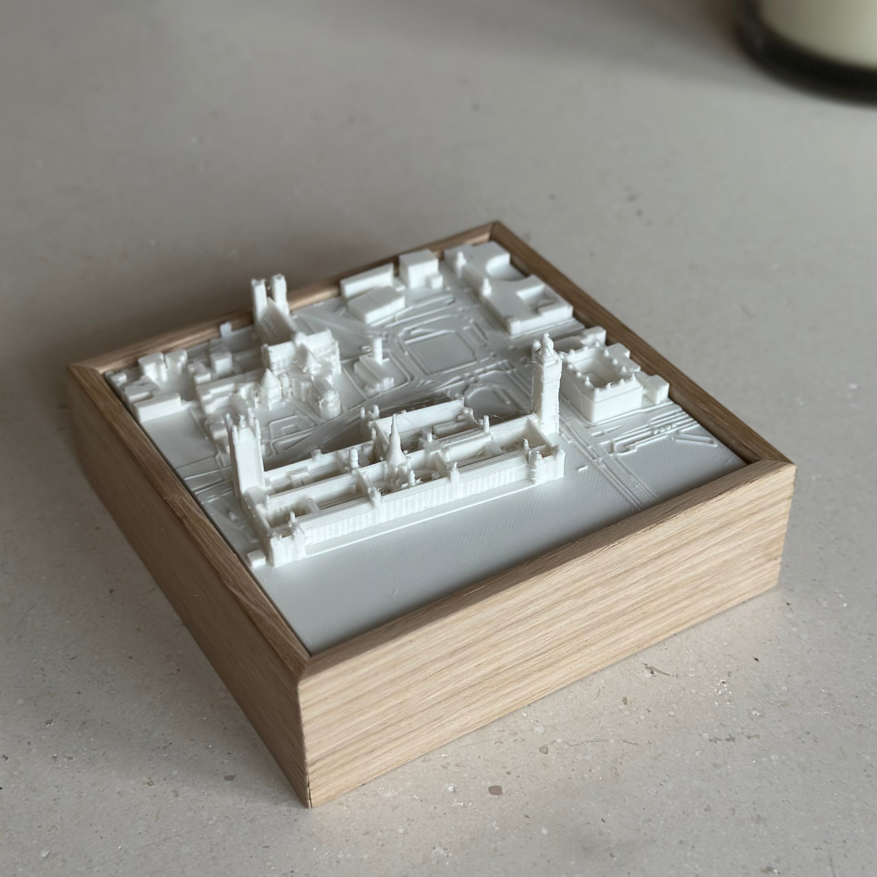 3D city map wall art in a wooden frame, white relief model for city decor