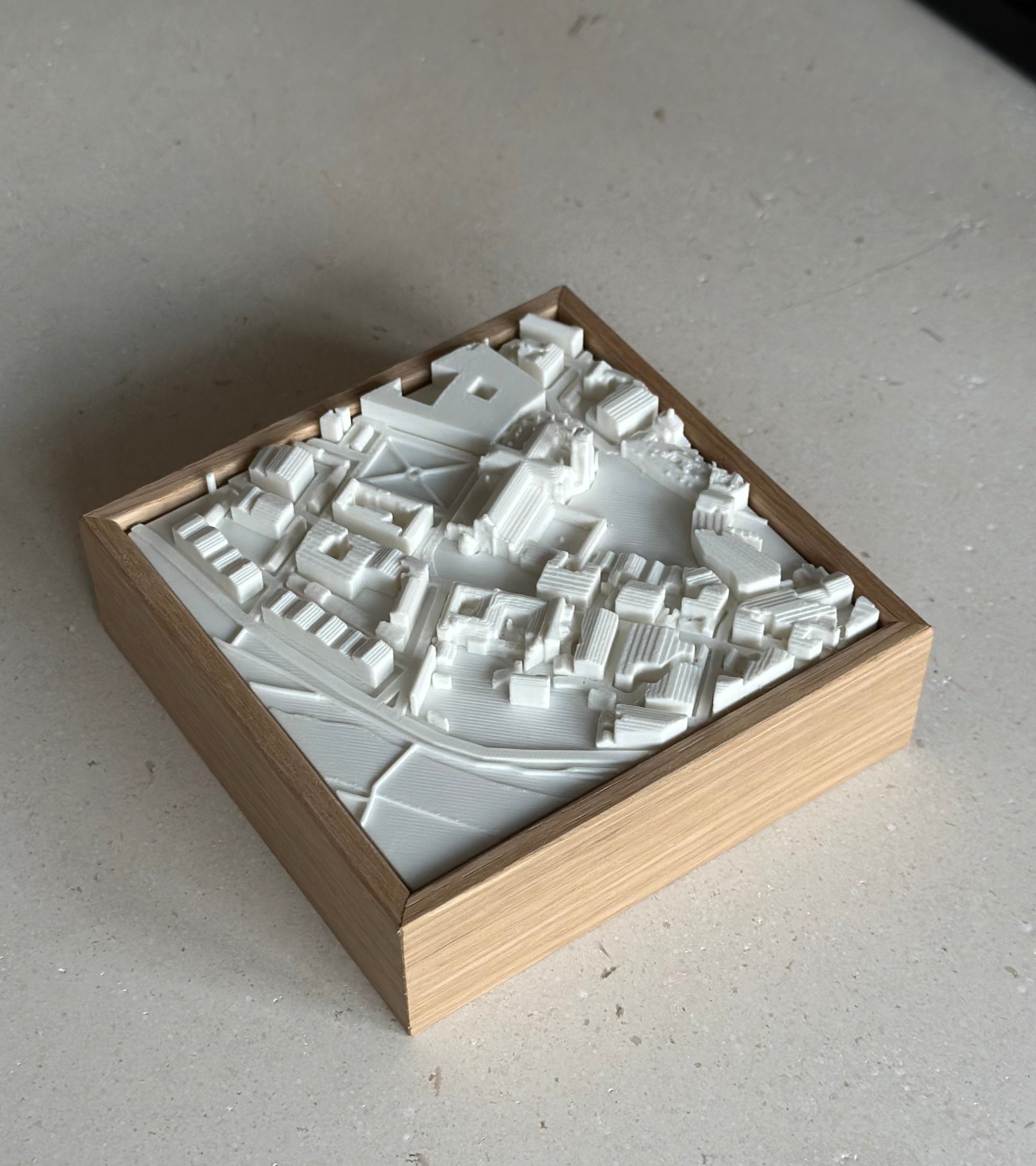 3D city map sculpture in a wooden frame, modern decorative wall art