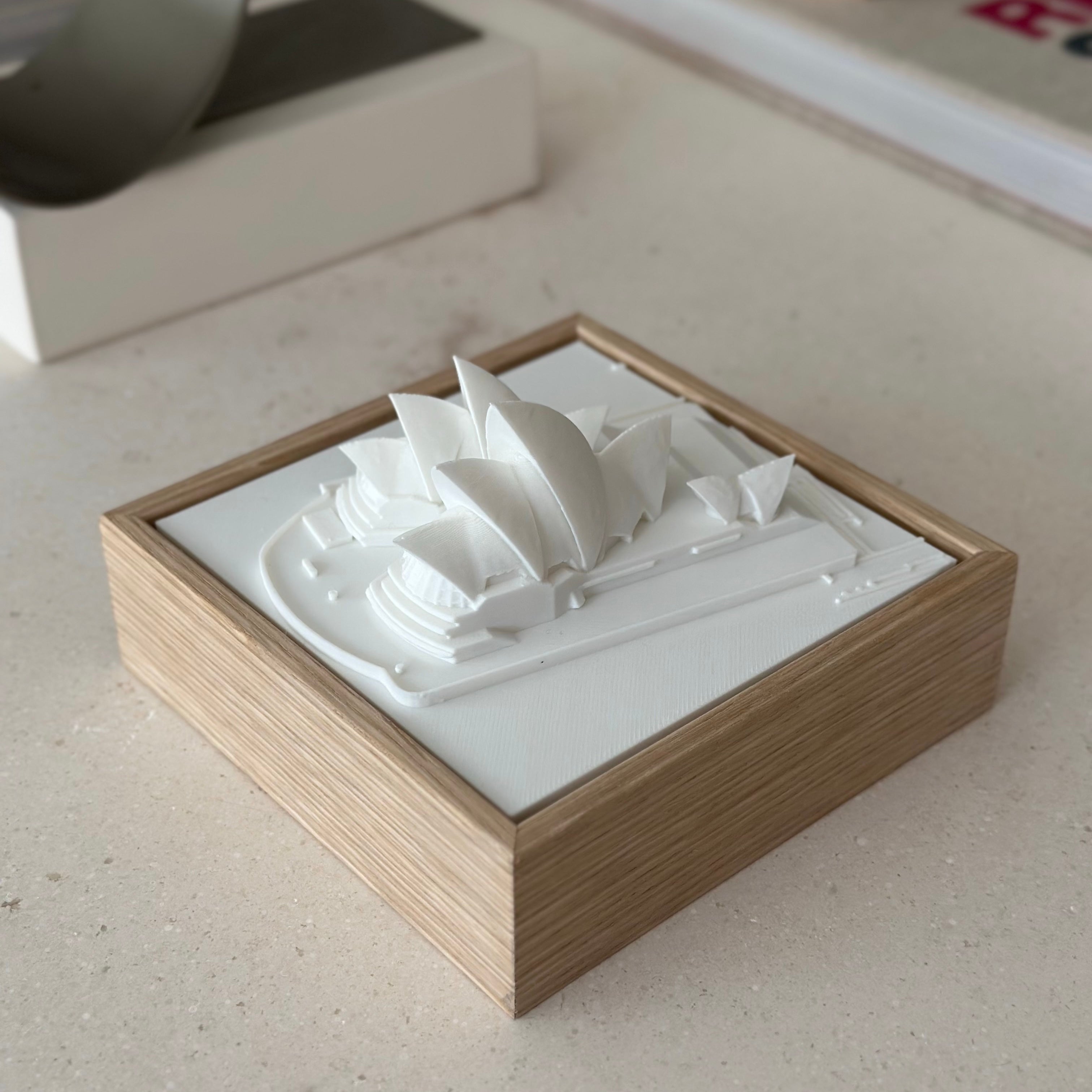 3D wall art of Sydney Opera House in a wooden frame, modern city decor piece