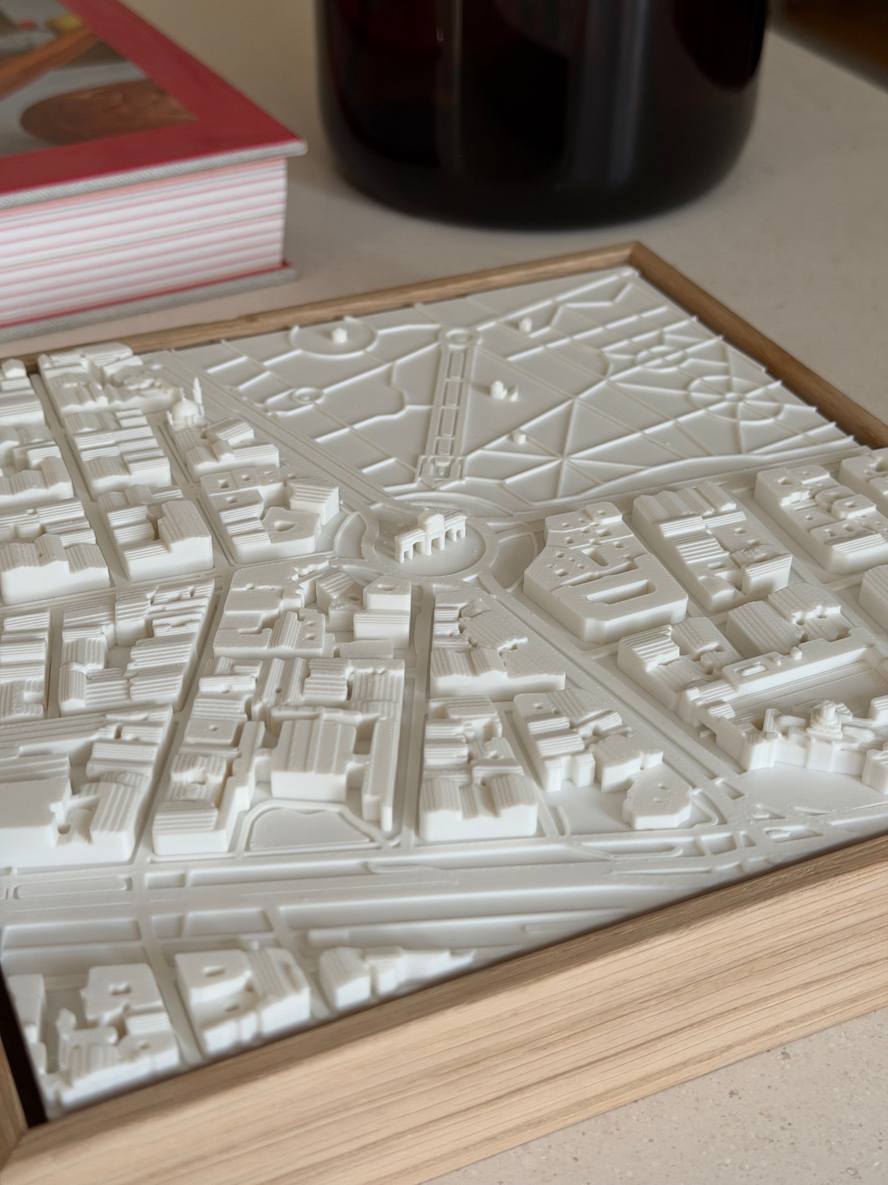 3D city map wall art in a wooden frame, modern urban decor on tabletop