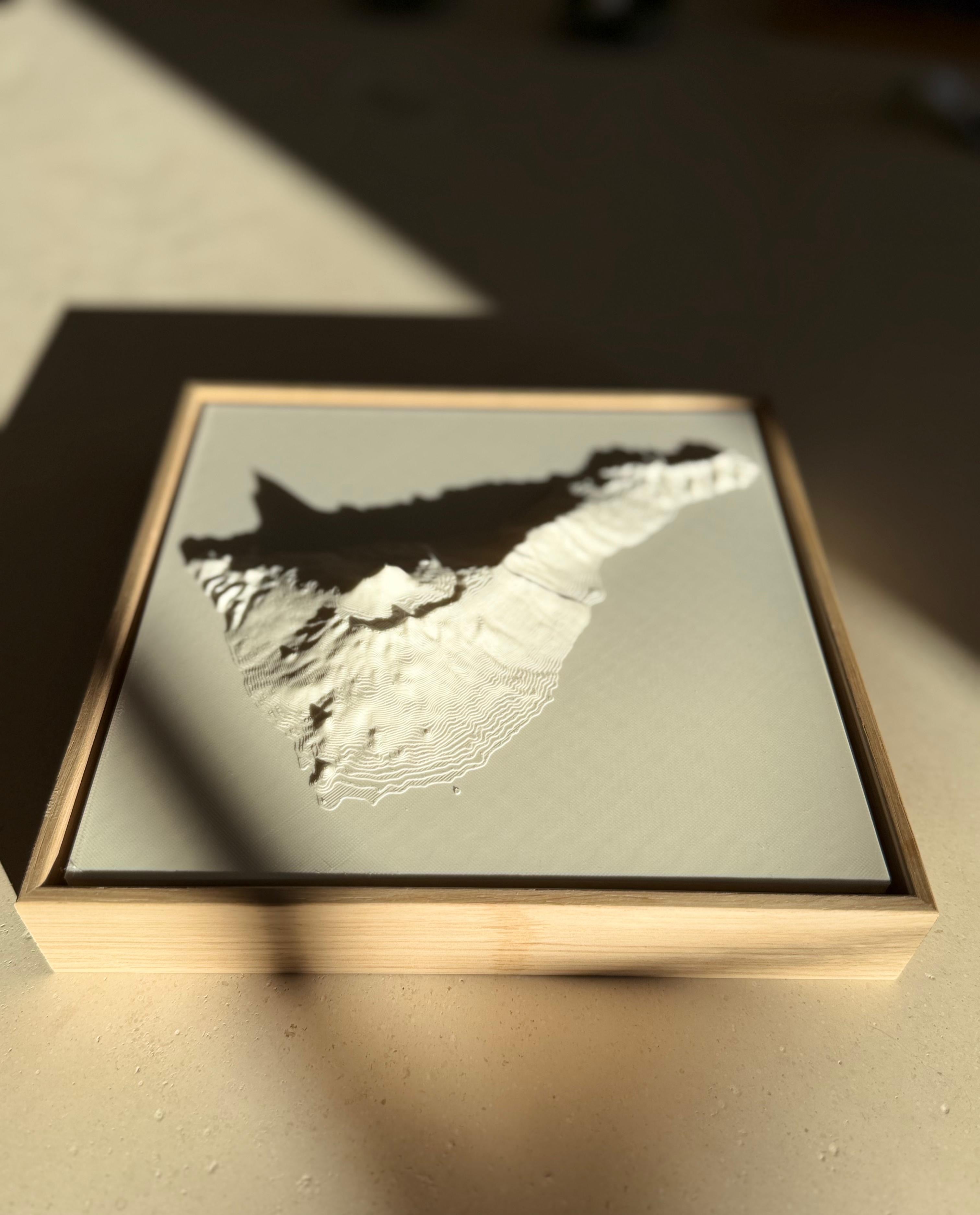 Framed 3D city map artwork with raised topographic details on a light background