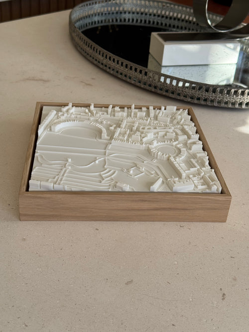 3D city map wall art in a wooden frame on a beige table, modern home decor