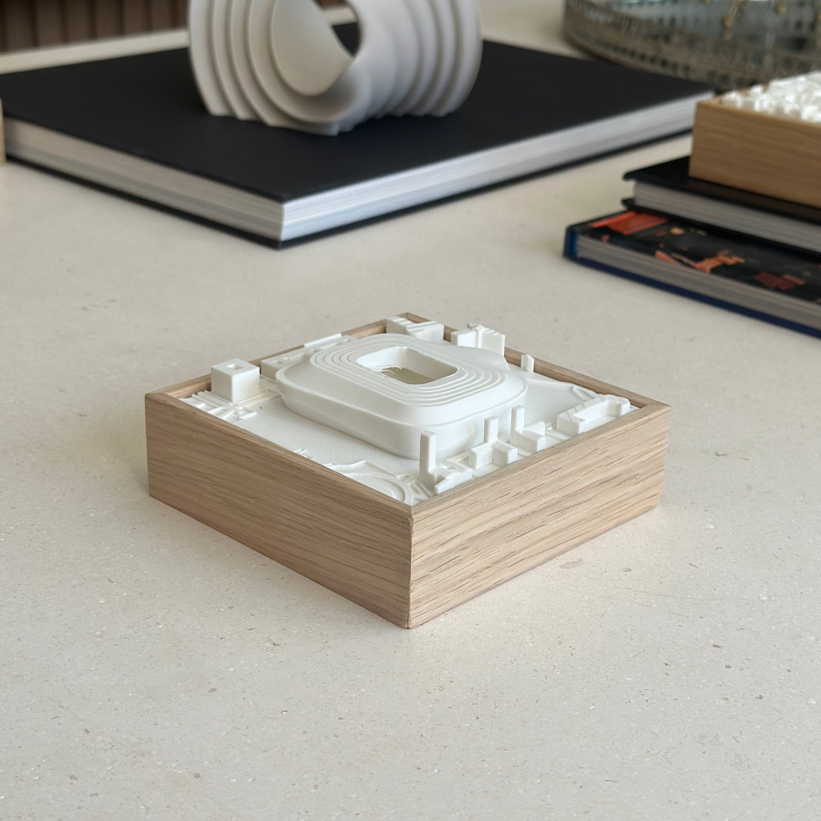 3D city map art of stadium in white with wooden frame, modern desk decor