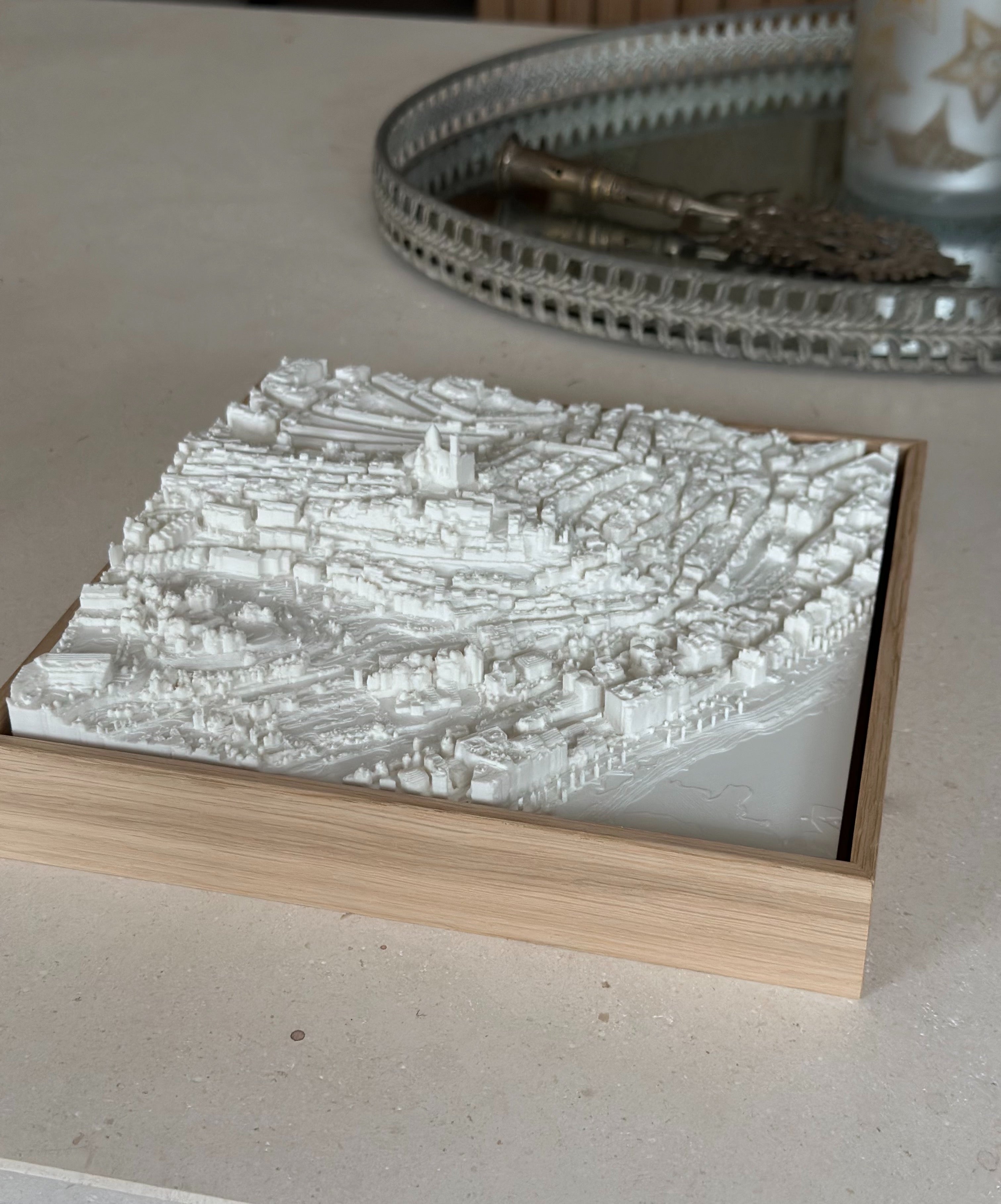 3D city map wall art in wooden frame on a table, modern decorative home decor