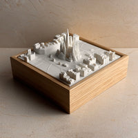 3D map of Barcelona with Sagrada Familia, white model in wooden frame, cityscape decor