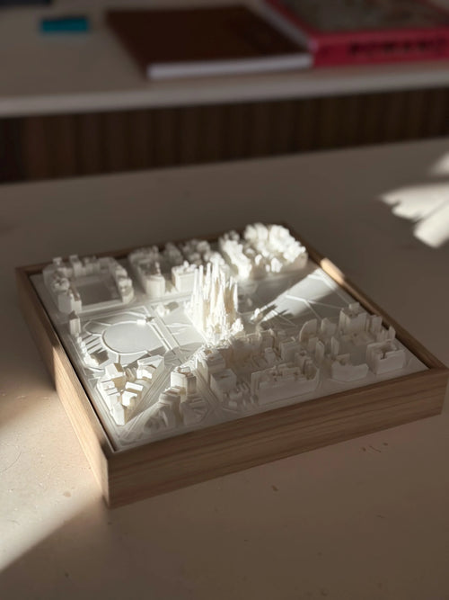 3D map art of Barcelona city in a wooden frame, modern minimalist wall decor