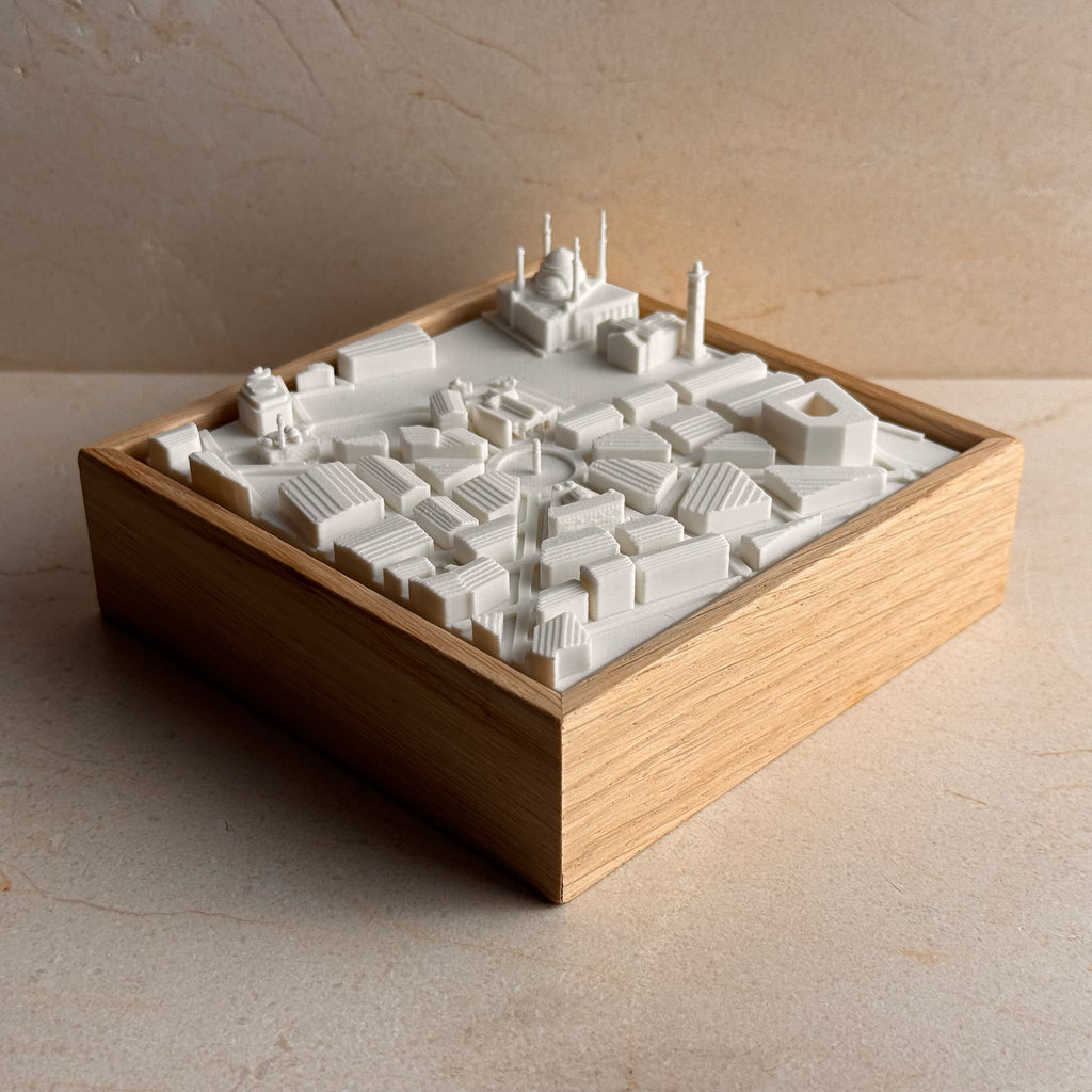 3D city map of Beirut in a wooden frame, detailed architectural miniature decor