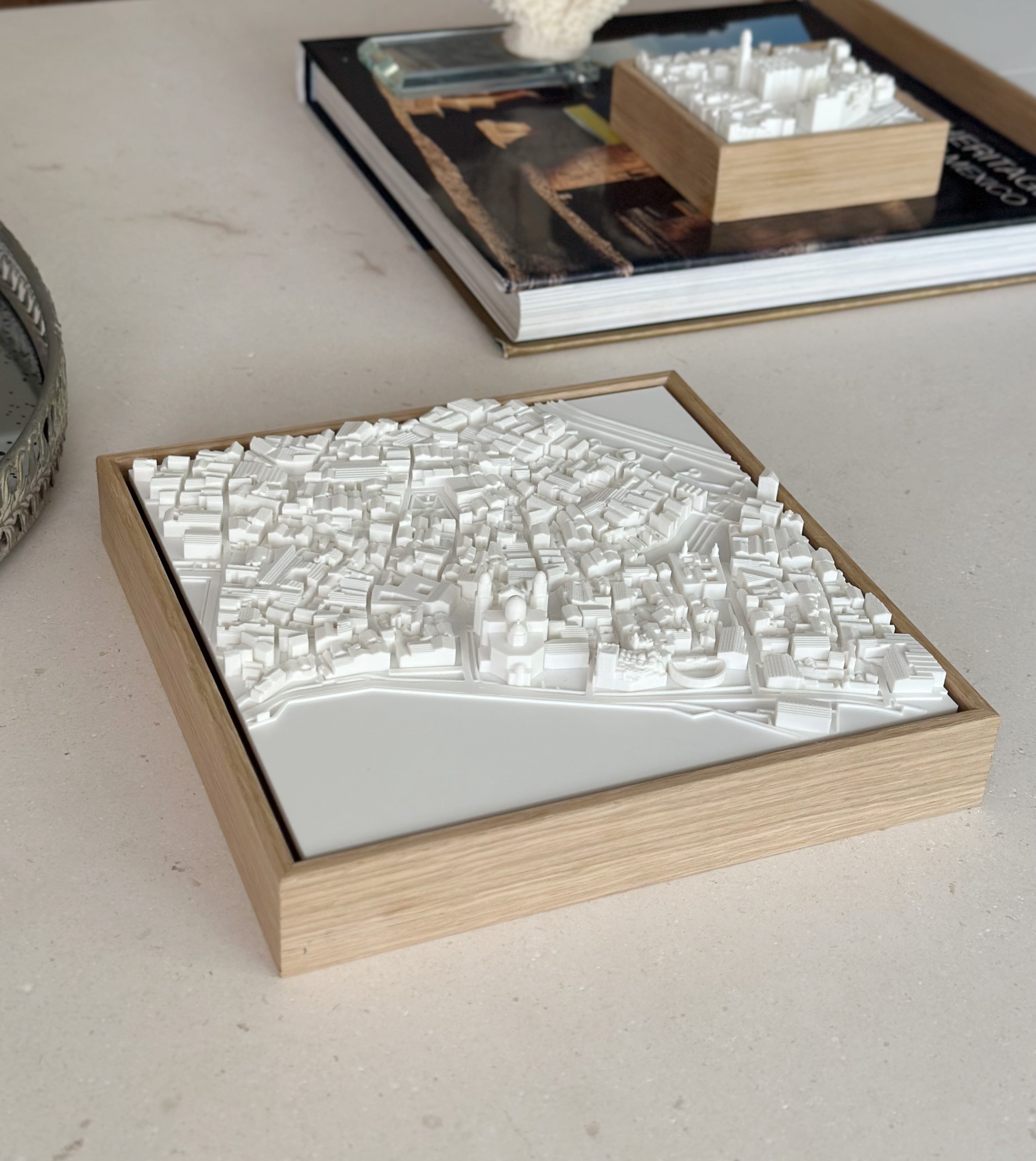 3D city map wall art in wooden frame, modern cityscape decor on tabletop