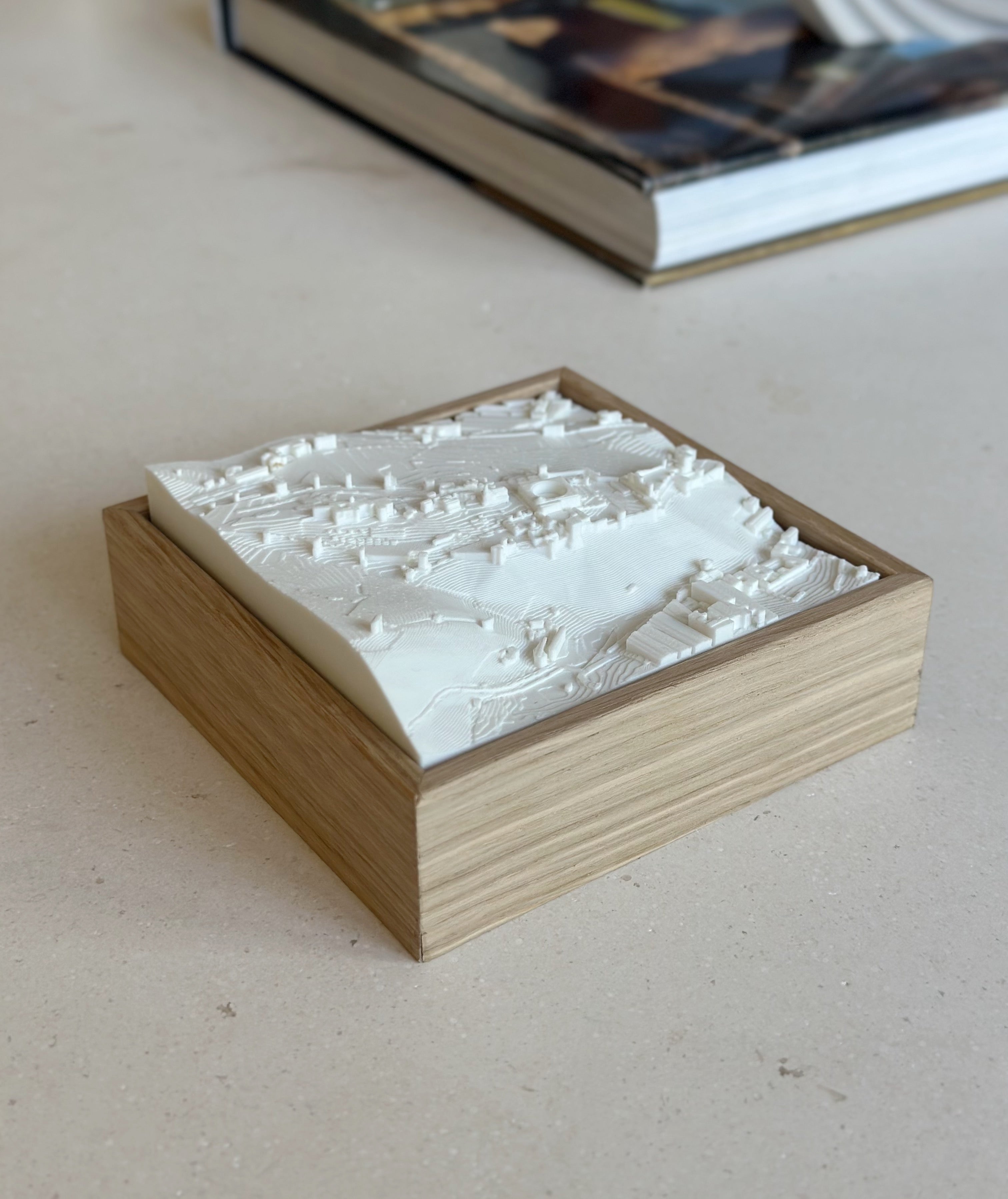 3D city map artwork with detailed white terrain and wooden frame on a table