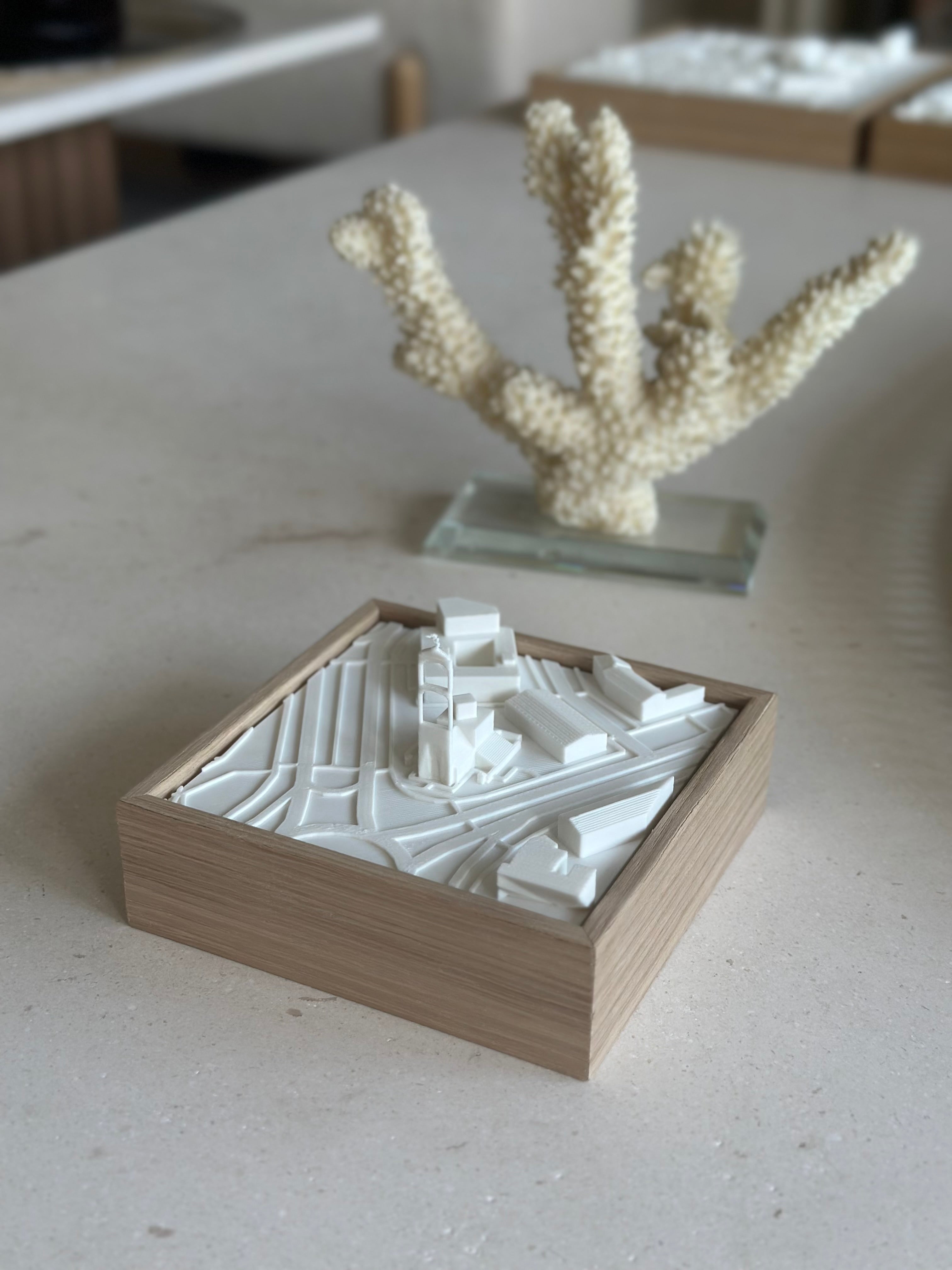 3D city map artwork in a wooden frame on a table, modern decor with coral accent