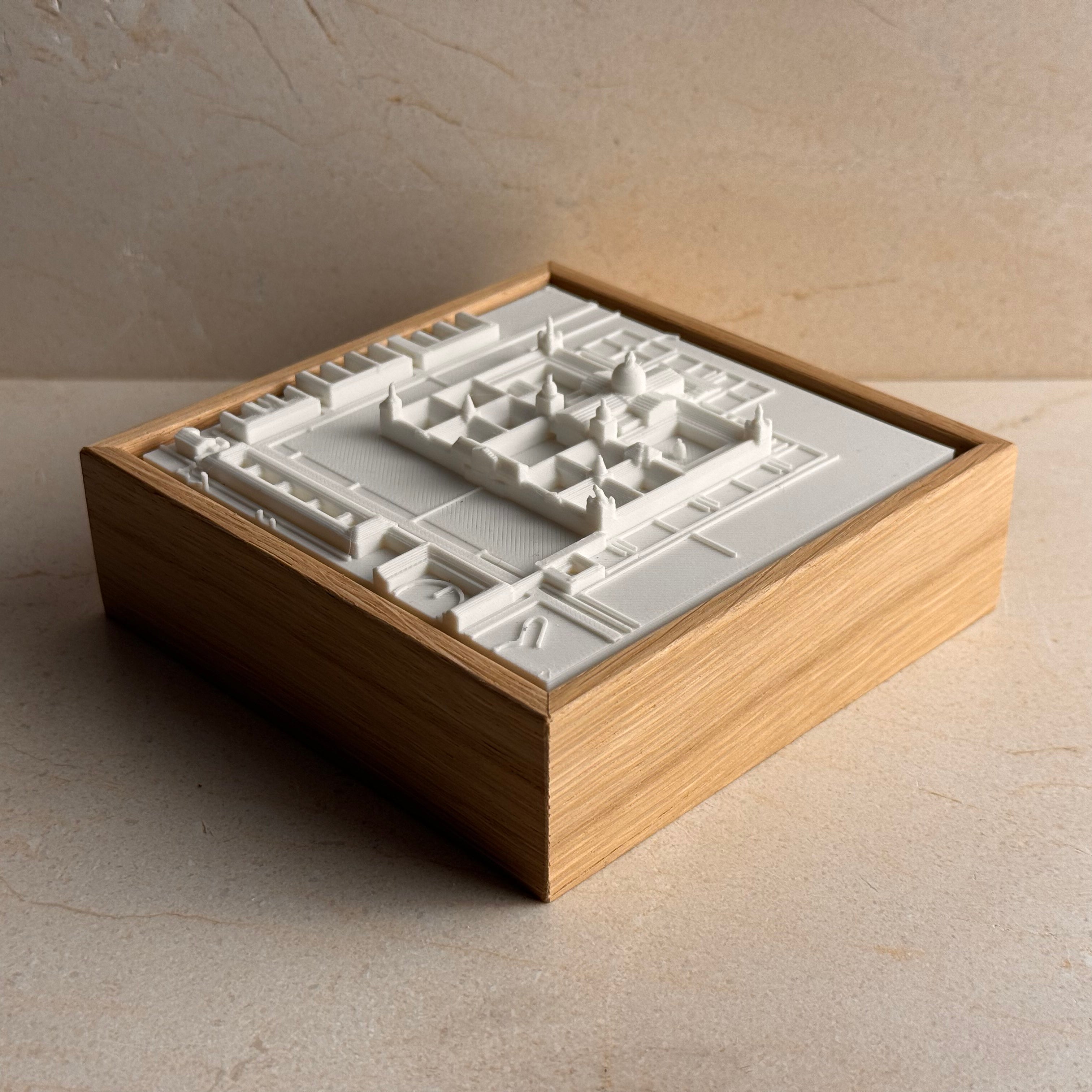 3D map of El Escorial in a wooden frame, architectural city model decor