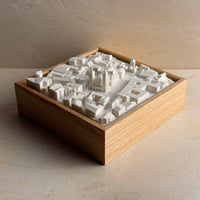 3D printed city map model with detailed buildings in a wooden frame, home decor piece