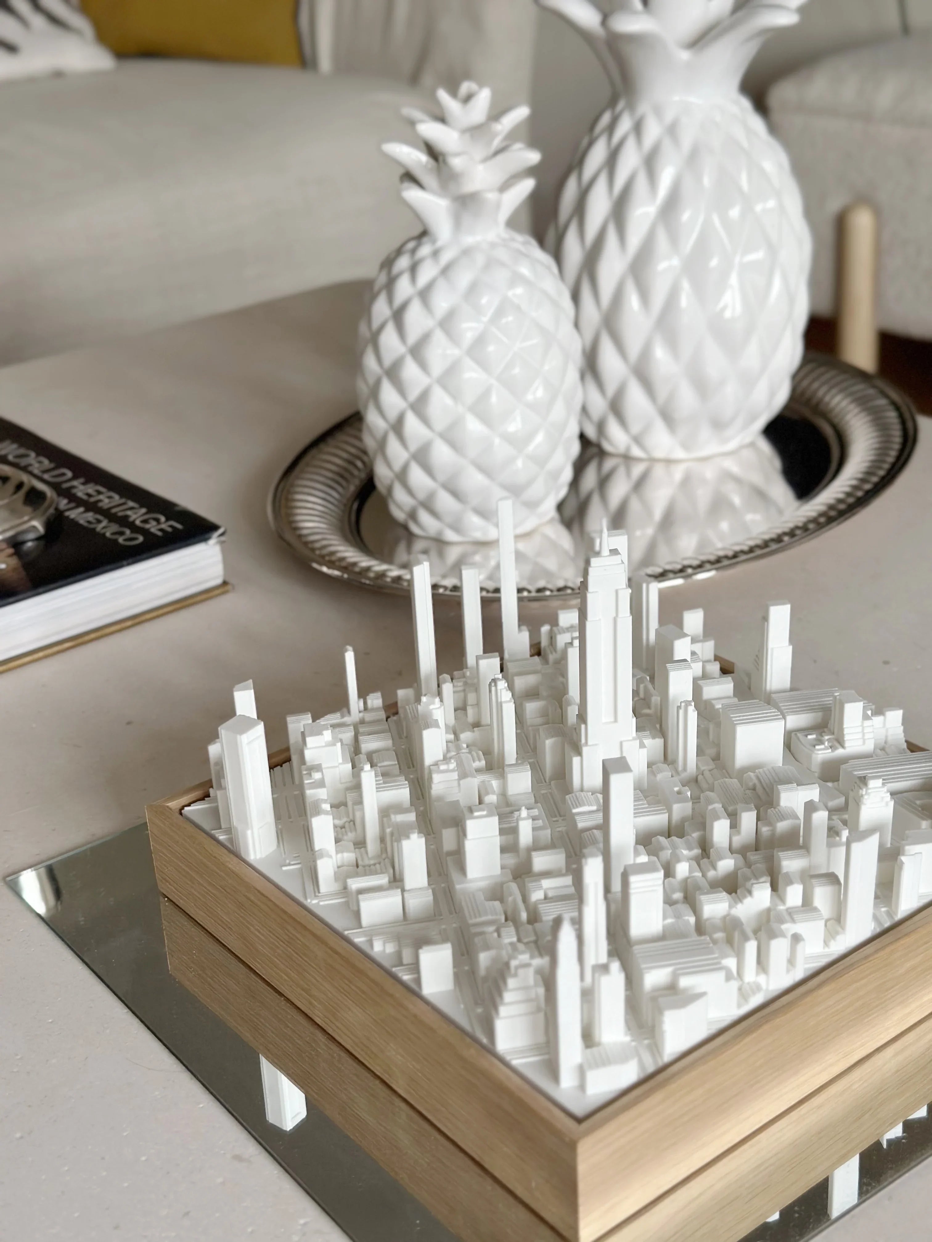 3D New York city map sculpture on a mirrored base, modern decor centerpiece on table
