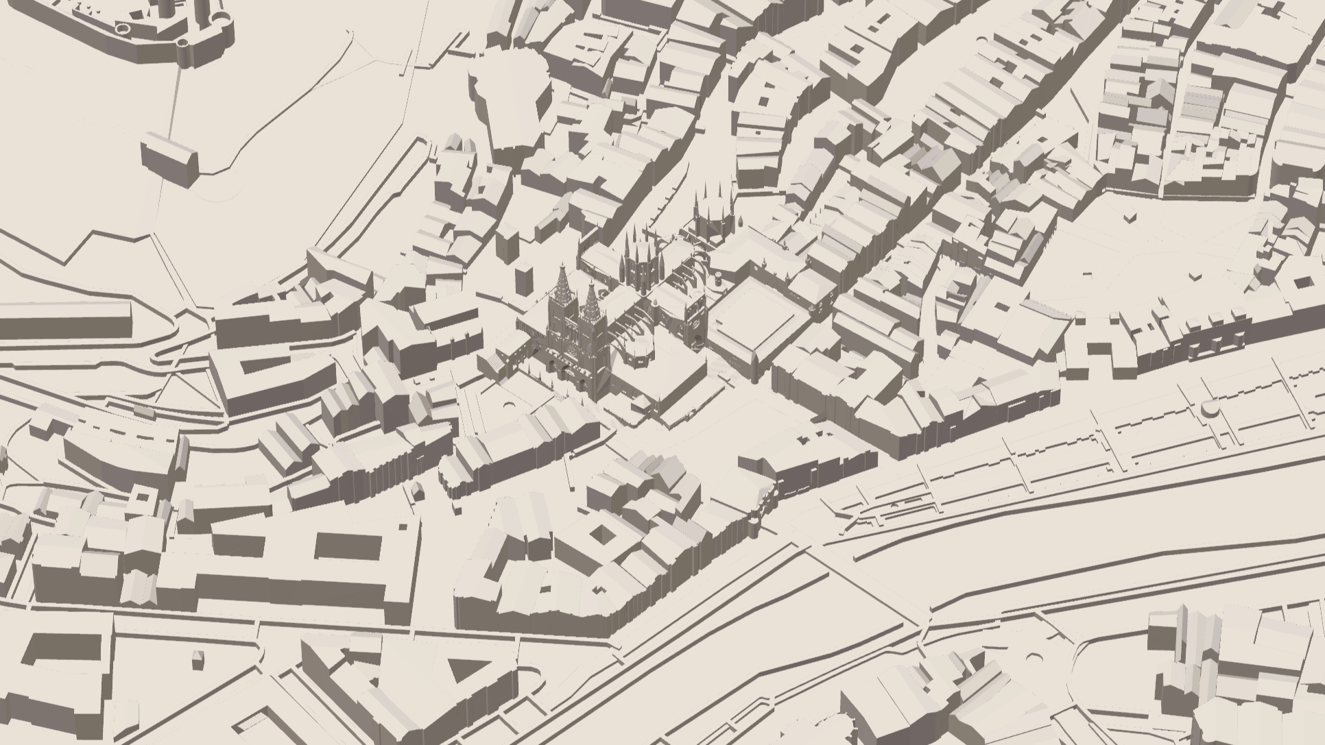 3D city map artwork with detailed buildings and streets in a monochrome design