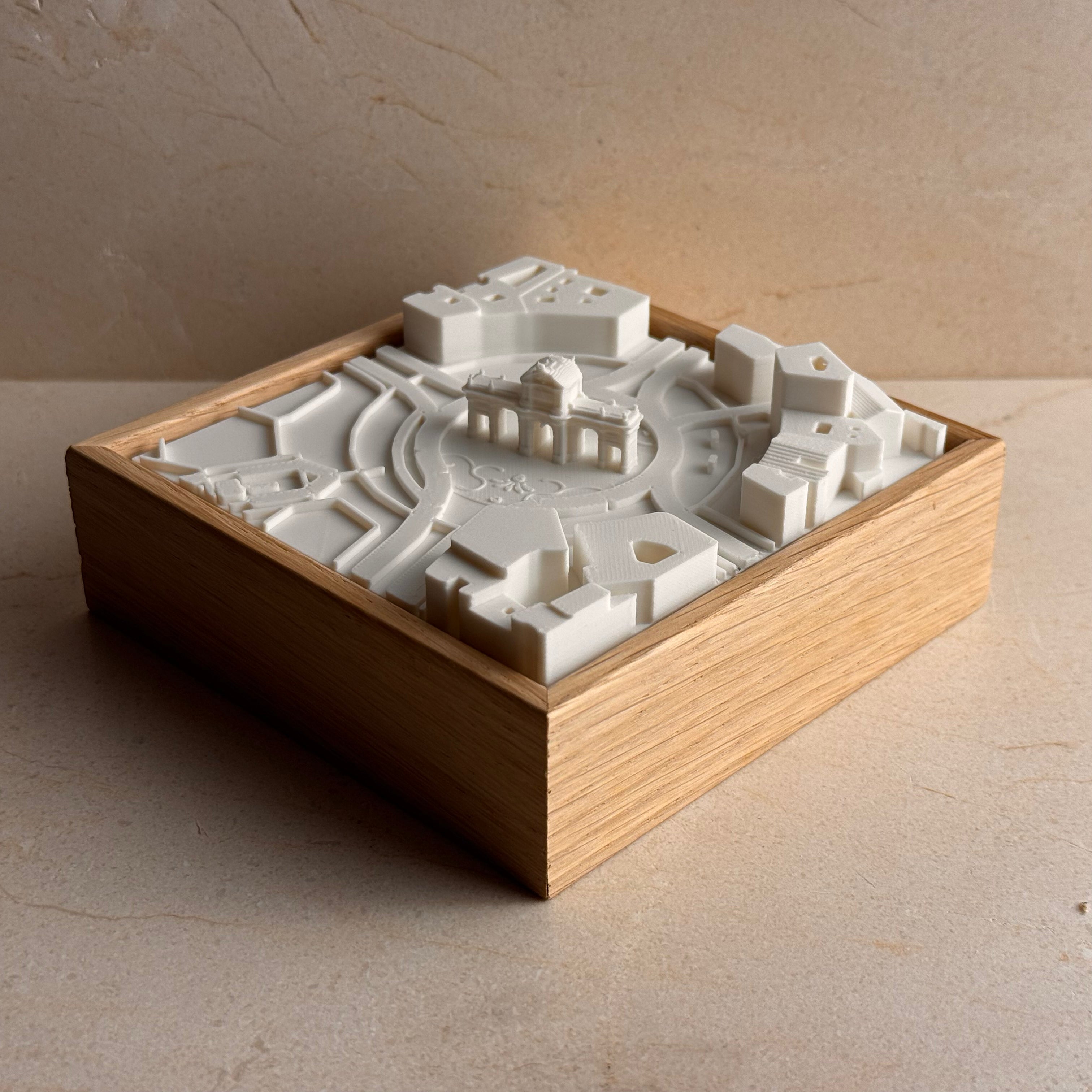 3D miniature map of Puerta de Alcalá in Madrid with wooden frame, decorative tabletop art