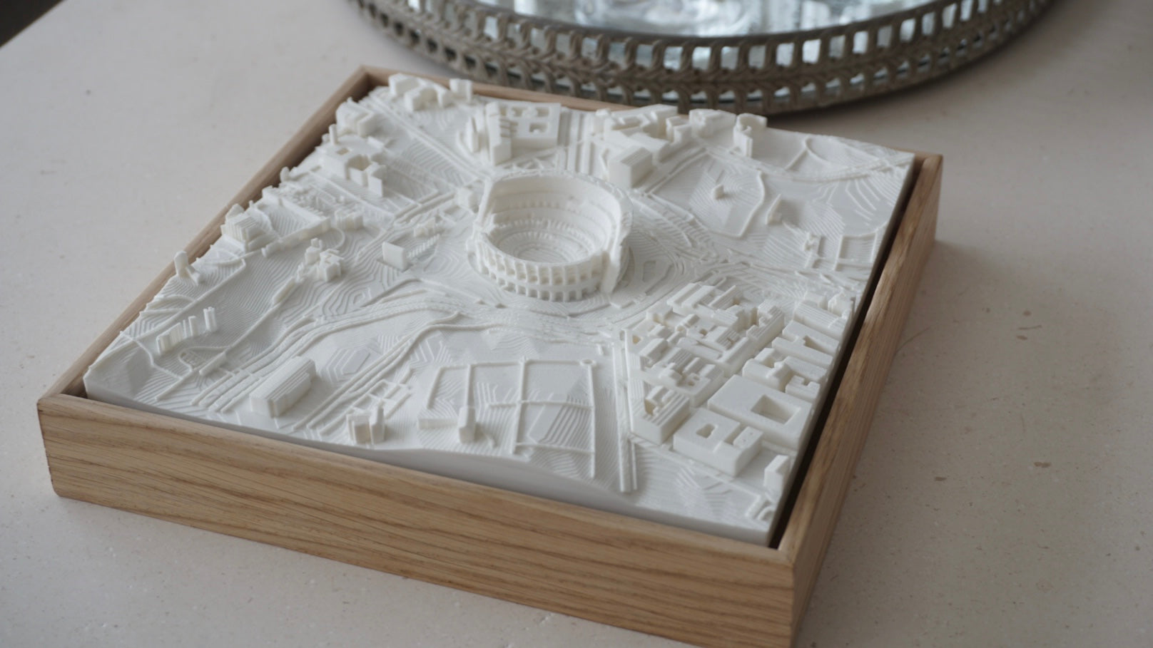 3D map of Rome with Colosseum in white frame, detailed city decor