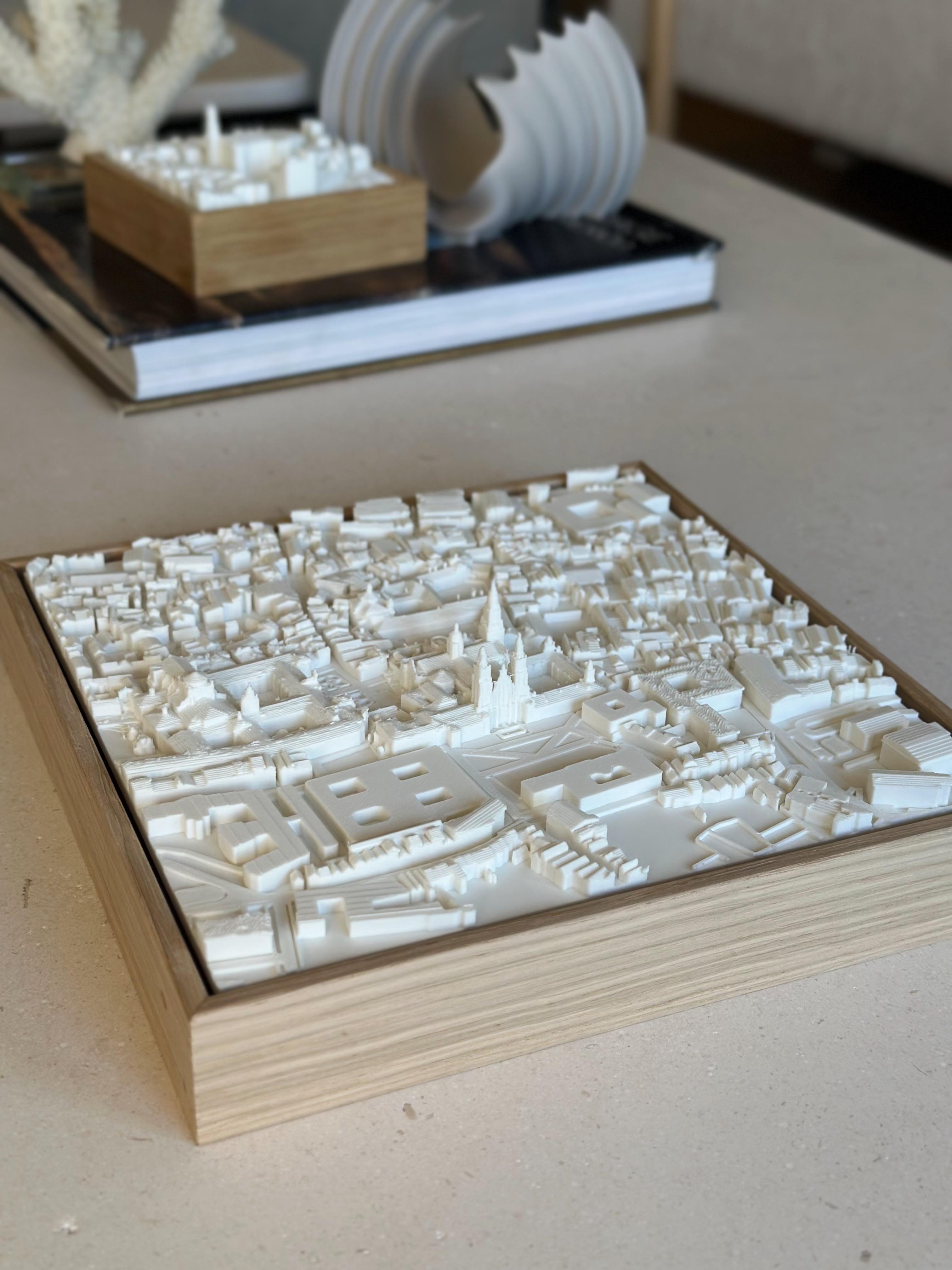 3D city map art of Santiago de Compostela in a wooden frame, decorative tabletop piece