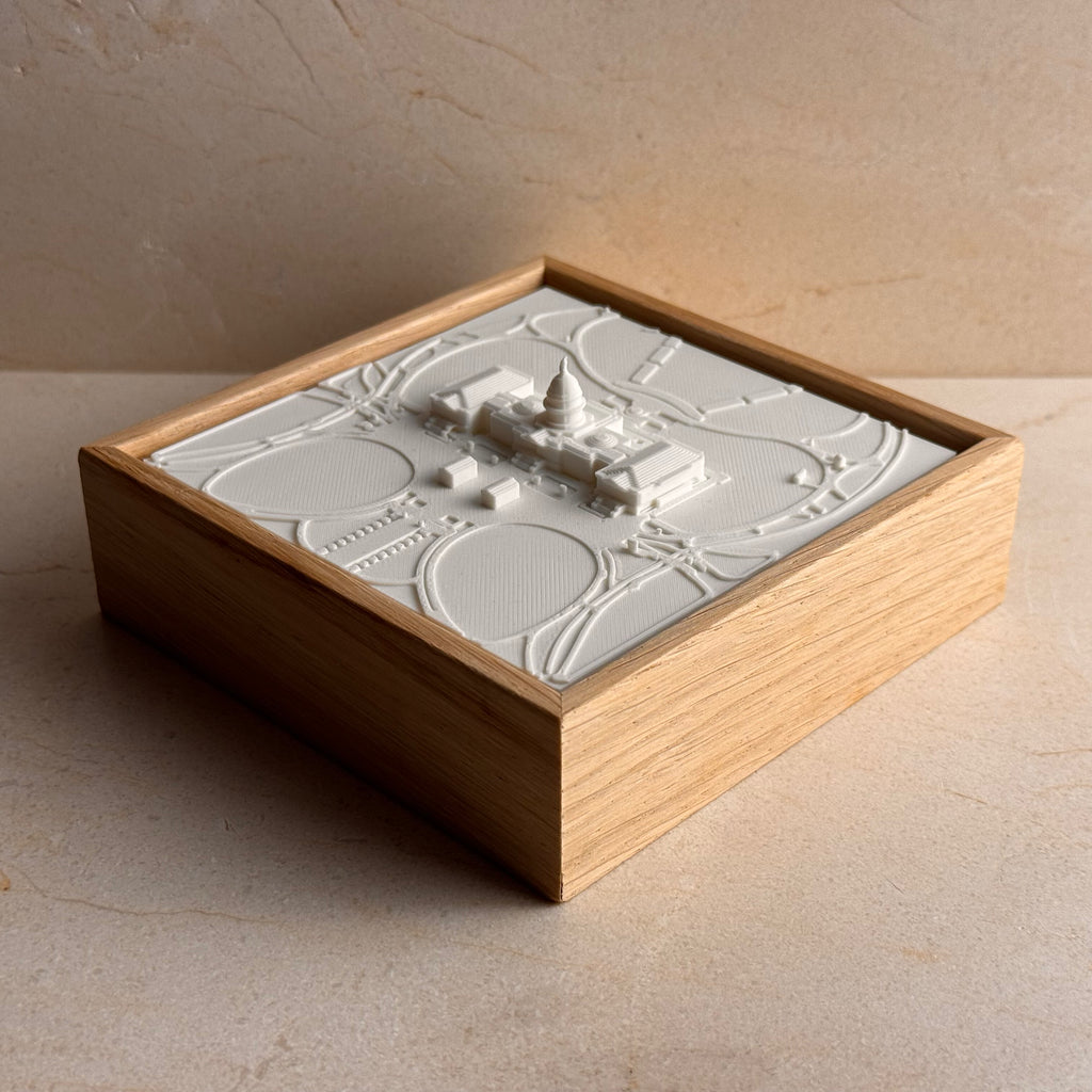 3D map artwork of Washington DC with Capitol building in wooden frame, modern decor piece