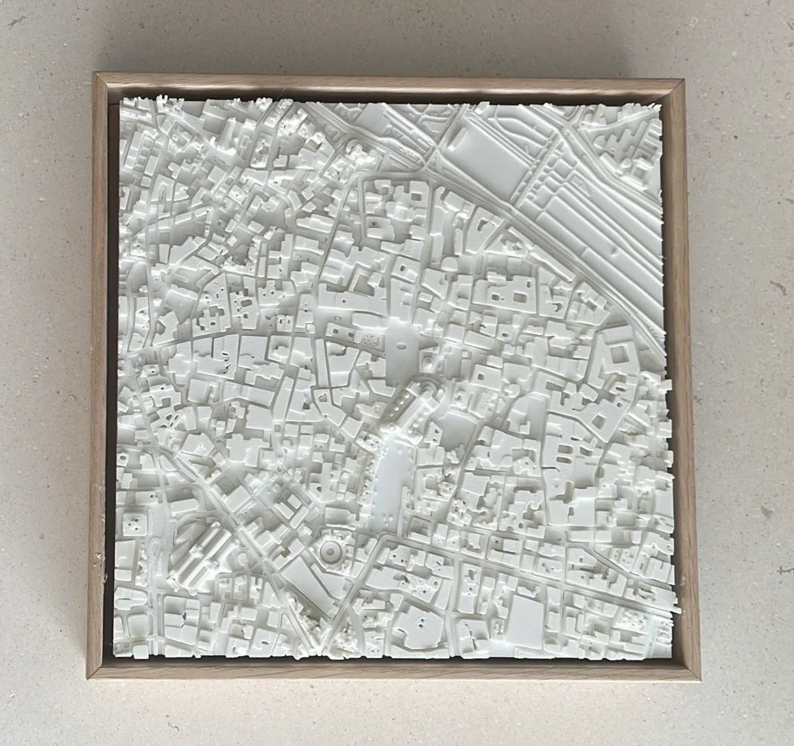 Framed white 3D city map wall art, detailed urban layout, minimalist home decor