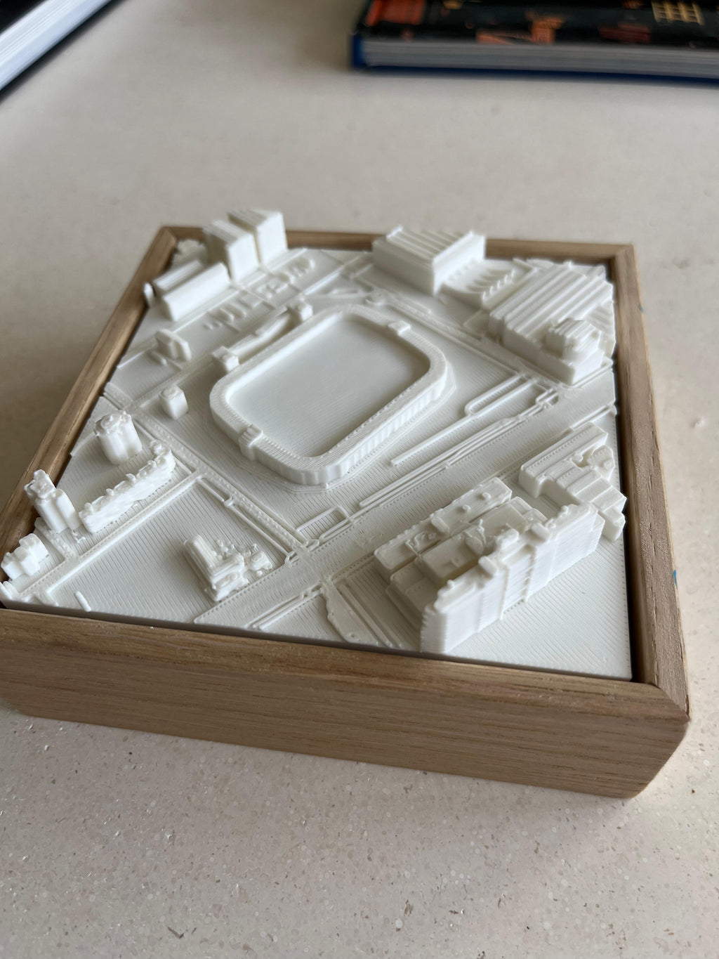 3D city map model of Zaragoza with stadium and buildings, framed for decorative display